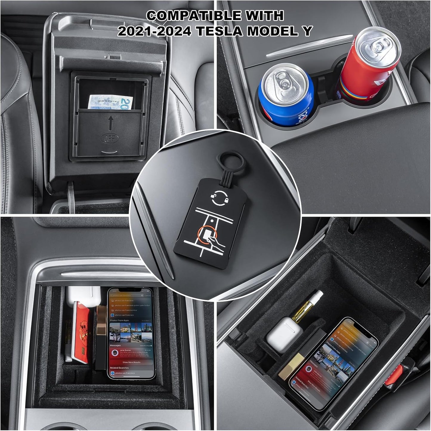 Center Console Organizer for Tesla Model Y 2021-2024 [Upgraded] Flocked Center Console Organizer Tray Armrest Hidden Storage Box Cup Holder Silicone Key Card Holder for Tesla Model 3 2021-2023