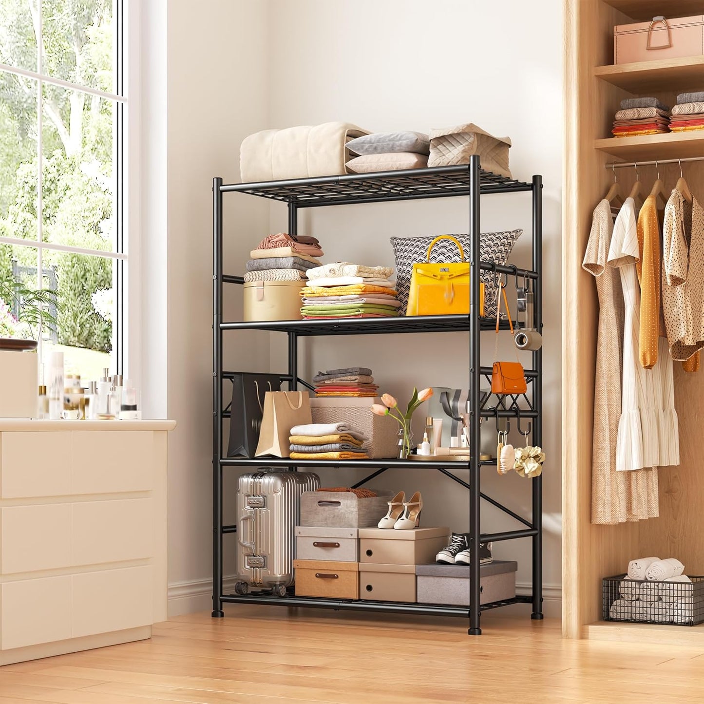 Storage Shelves 4-Tier Large Capacity Metal Shelving with Hooks, Heavy Duty Garage Shelving Unit with Leveling Feet, Stable Metal Shelves for Pantry, Kitchen and Closet,36" W x 12" D x 60" H, Black