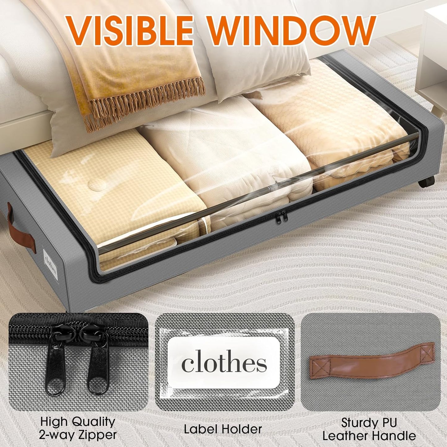 Under Bed Storage with Wheels 3Pack Underbed Storage with Clear Window&Label Under Bed Drawers Large Capacity Rolling Under Bed Storage for Clothes,Shoes, Blankets (Light Grey)