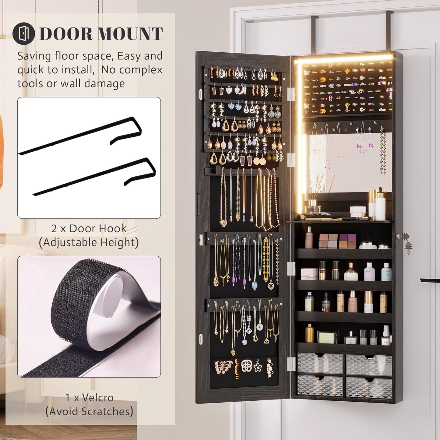 Vlsrka 47.2" LED Jewelry Armoire Organizer, Wall/Door Mounted with Full Length Mirror, Large Storage Hanging Cabinet, 4 Drawers, 5 Shelves, Built-in Lighted Mirror (Wood Black)