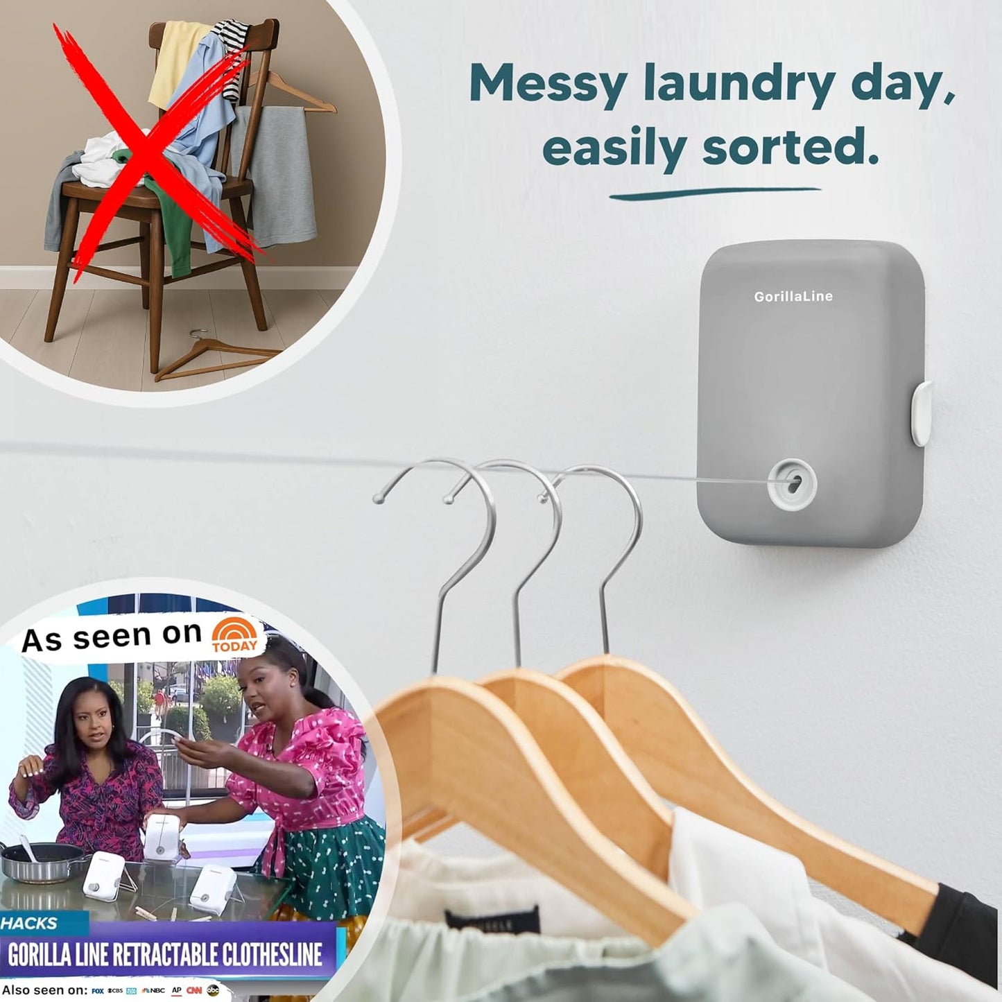 GorillaLine - Retractable Clothesline Indoor Outdoor Clothes Line - Heavy Duty Clothes Drying Laundry Line - Wall Mounted Drying Rack - Air Dry Clothing
