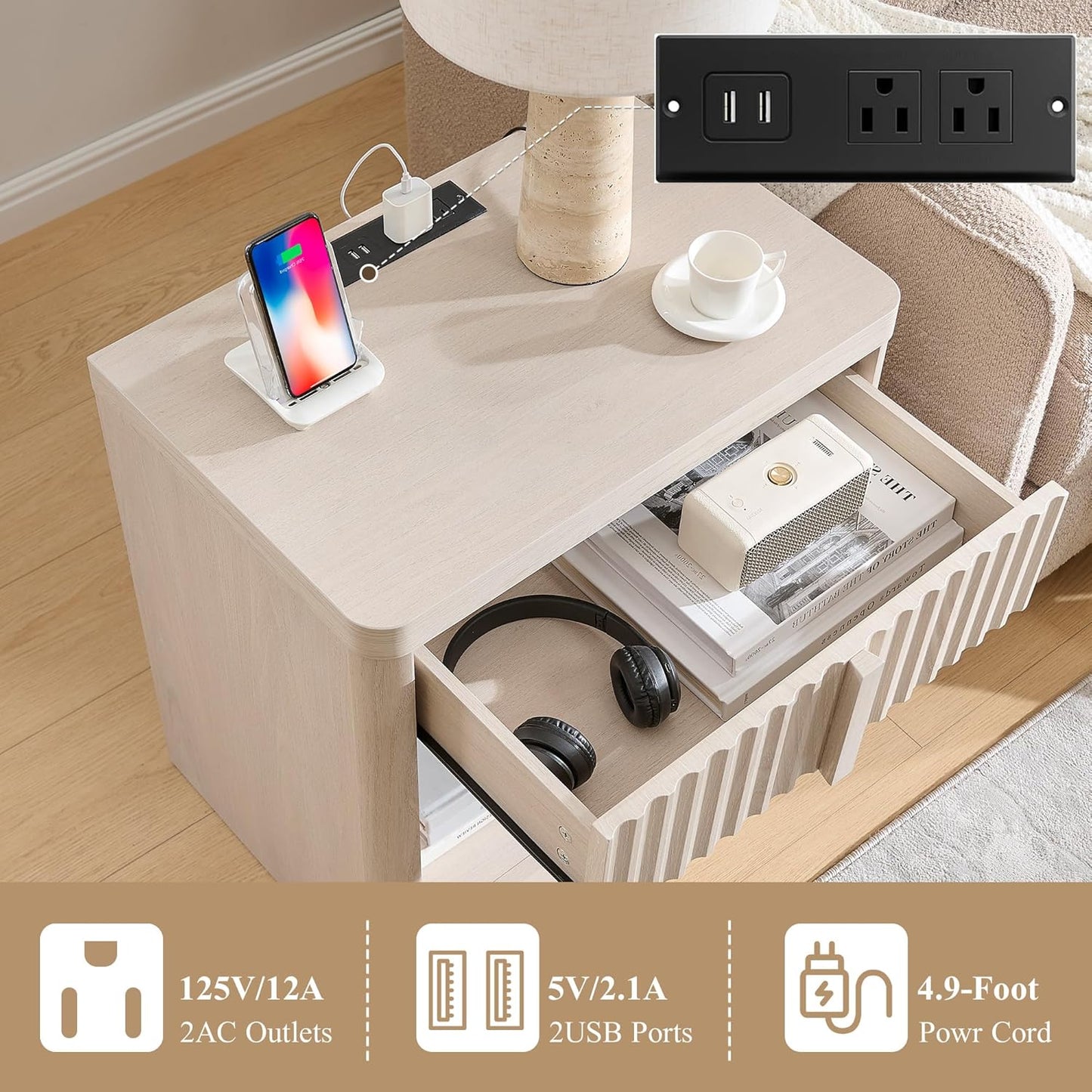 Fluted Nightstand Set of 2 with Charging Station, 23.6" End Table with Open Shelf and Drawers Storage, Bedside Table with Solid Wood Handle, Curved Profile Design, Night Stand for Bedroom