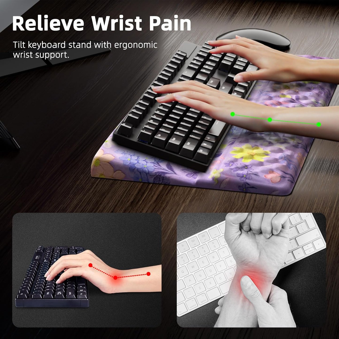 Ospelelf Keyboard Wrist Rest Pad, Comfy Ergonomic Keyboard Stand Riser Holder, Computer Wrist Support Cushion forTyping, Purple Flower