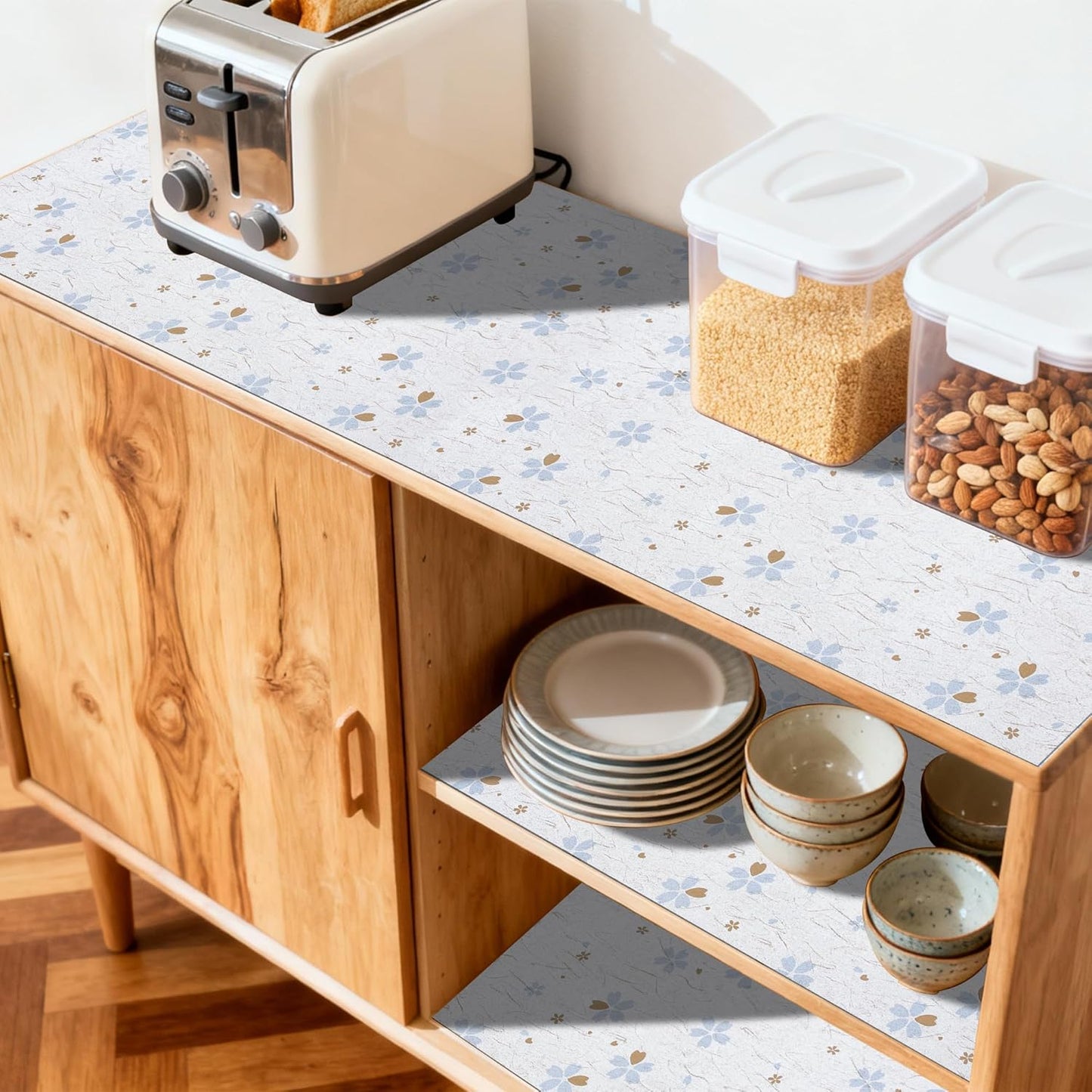 FIFTY FEET 12"x120" Non-Adhesive Shelf Liner for Kitchen Cabinets and Drawers, Washable Non-Slip PVC Cabinet Liner (White Floral)(1 Roll)