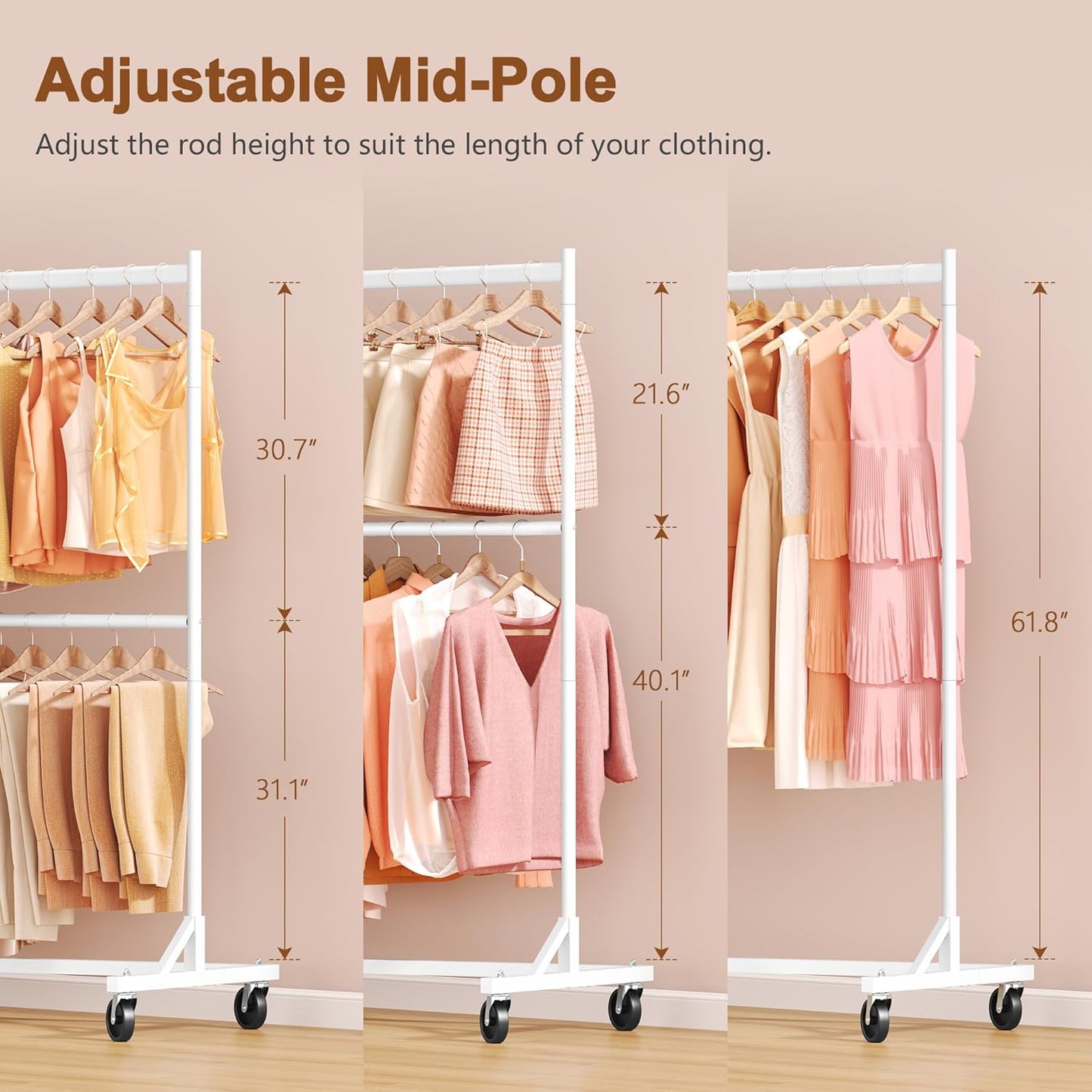 Hoctieon Double Rod Clothes Racks with Z-Base, Adjustable Clothing Rack, Standing Clothes Rack, Metal Clothing Racks for Hanging Clothes, Rolling Garment Rack, White