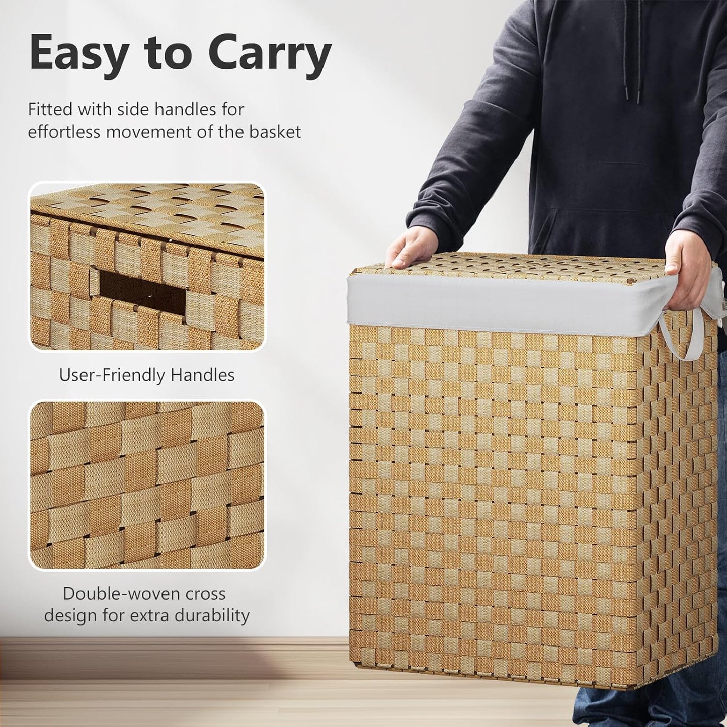 Foldable Laundry Hamper Basket with Lid by Fiona's magic, Handwoven 96L Large Clothes Hamper with Removable Liner Bags, Collapsible Tall Hamper for Bedroom, Bathroom and Dorm Organizer, 2Pack, Natural