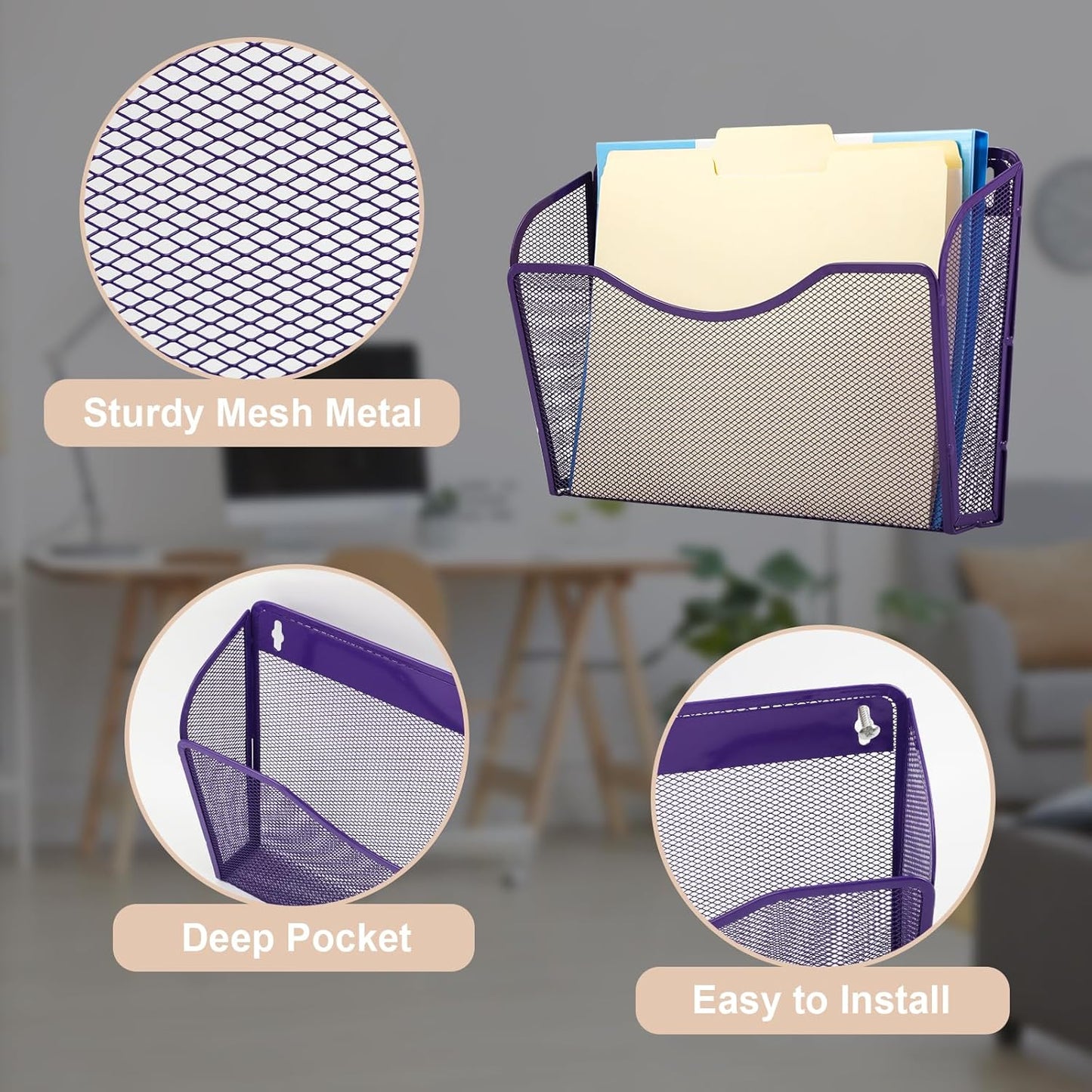 EASEPRES 3 Single Pocket Mesh Hanging File Organizer, Vertical Wall Mounted Magazine File Holder, Mount Basket Mail Paper Document Folder Organizing for Office, Home and School, Purple