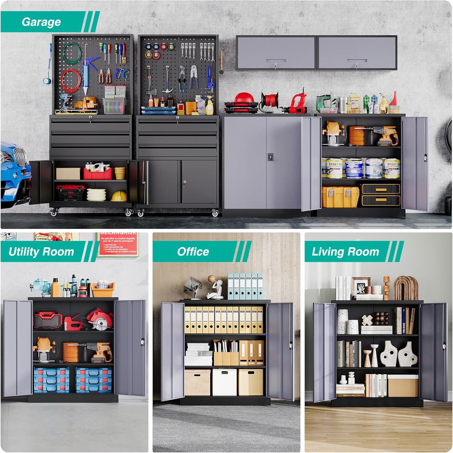 SISESOL Small Metal Cabinet with Shelves,36 inch Garage Storage Cabinet with Lock,Gray Metal Storage Cabinets with Locking Doors,Small Steel Lockable Cabinets for Home,Office,Shop,Garage