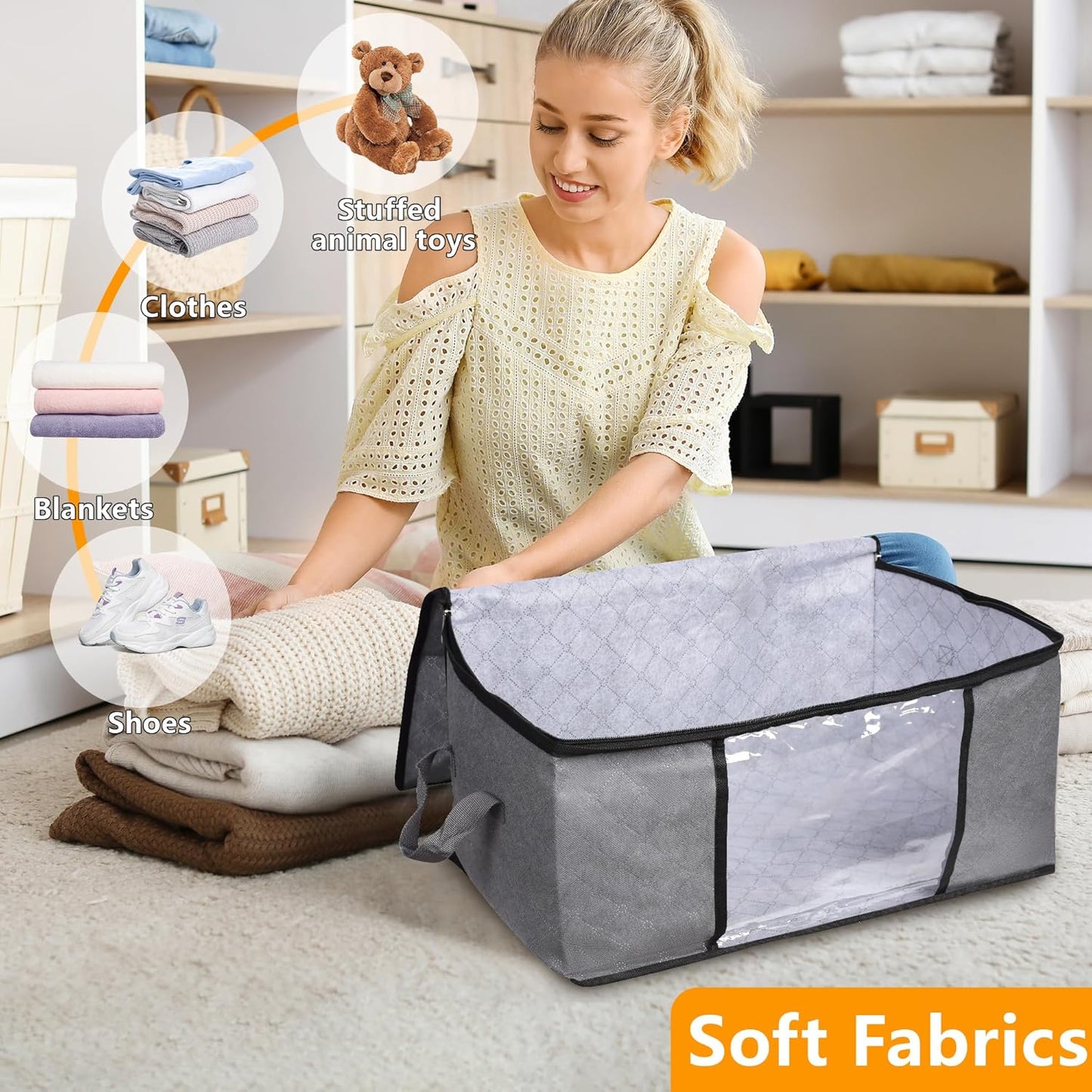 8 Pack Clothes Storage Bags with Zipper, 45L Foldable Blanket Storage Bag with Clear Window Sturdy Handles for Closet, Dorm, Pillows, Bedding, Sheet, Comforter, Gray