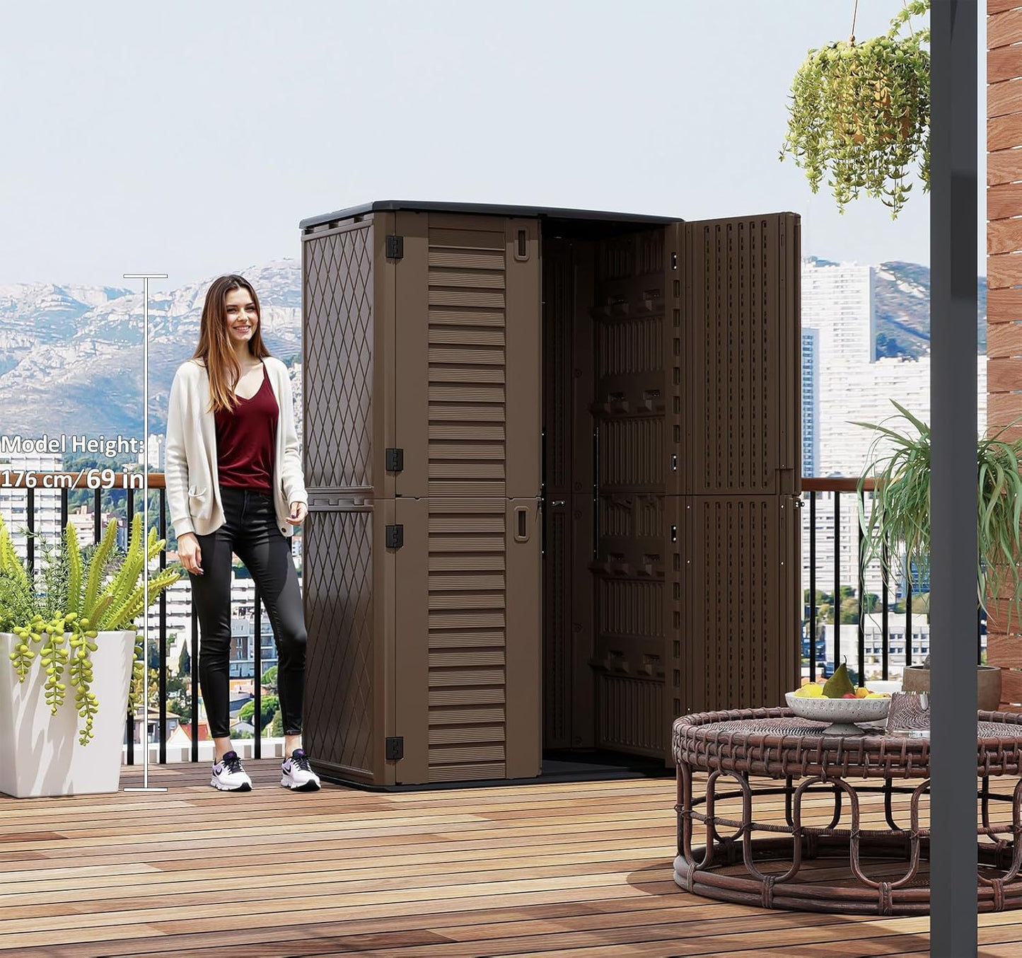 HOMSPARK Storage Shed Weather Resistance, Multi-Purpose Outdoor Storage Cabinet for Backyards and Patios, Horizontal Storage Shed for Lawnmower, Patio Accessories (Coffee, Tall - 53 cu.ft)