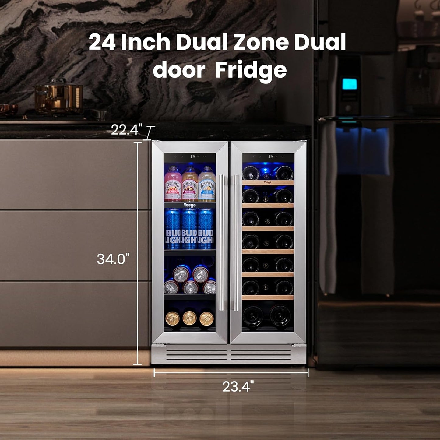 Yeego Wine & Beverage Refrigerator, 24 Inch 60 Cans and 20 Bottles Dual Zone Wine Cooler with Glass Door, 36-72°F Drink Cooler for Built-in or Freestanding, For Kitchen,Bar or Office