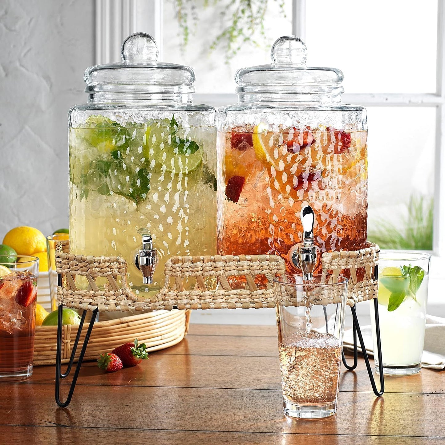 1.5 Gallon Hammered Glass Drink Dispenser for Parties 2 PACK Beverage Dispensers with Stand, Glass Water Jug Dispenser, with 100% Leak Proof Spigot, Great for Party, Wedding, Picnic, BBQ Wicker Design