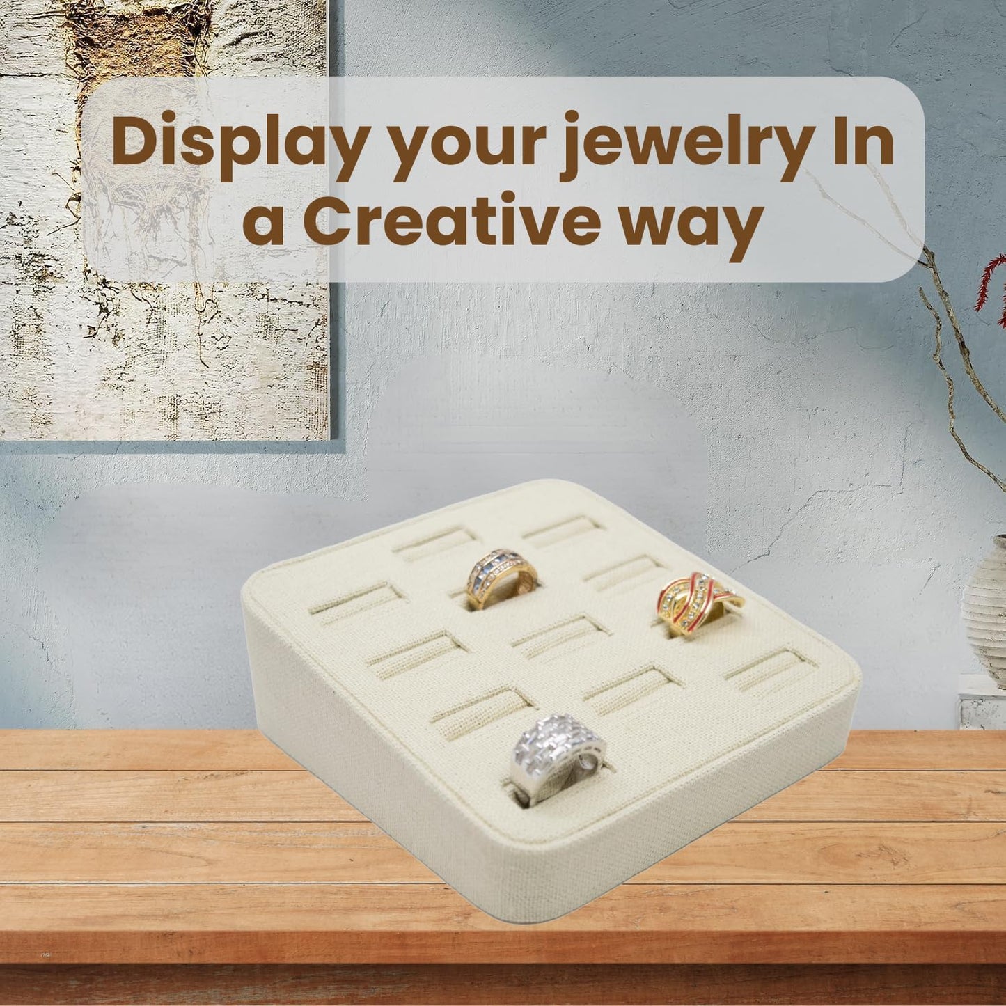 Novel Box 12-Slot Beige Linen Rings/Earrings/Cufflinks Holder Tray 5.75x5x2 Inches - Ring Holder Organizer for Selling or Personal Use - Jewelry Display Trays for Special Occasions