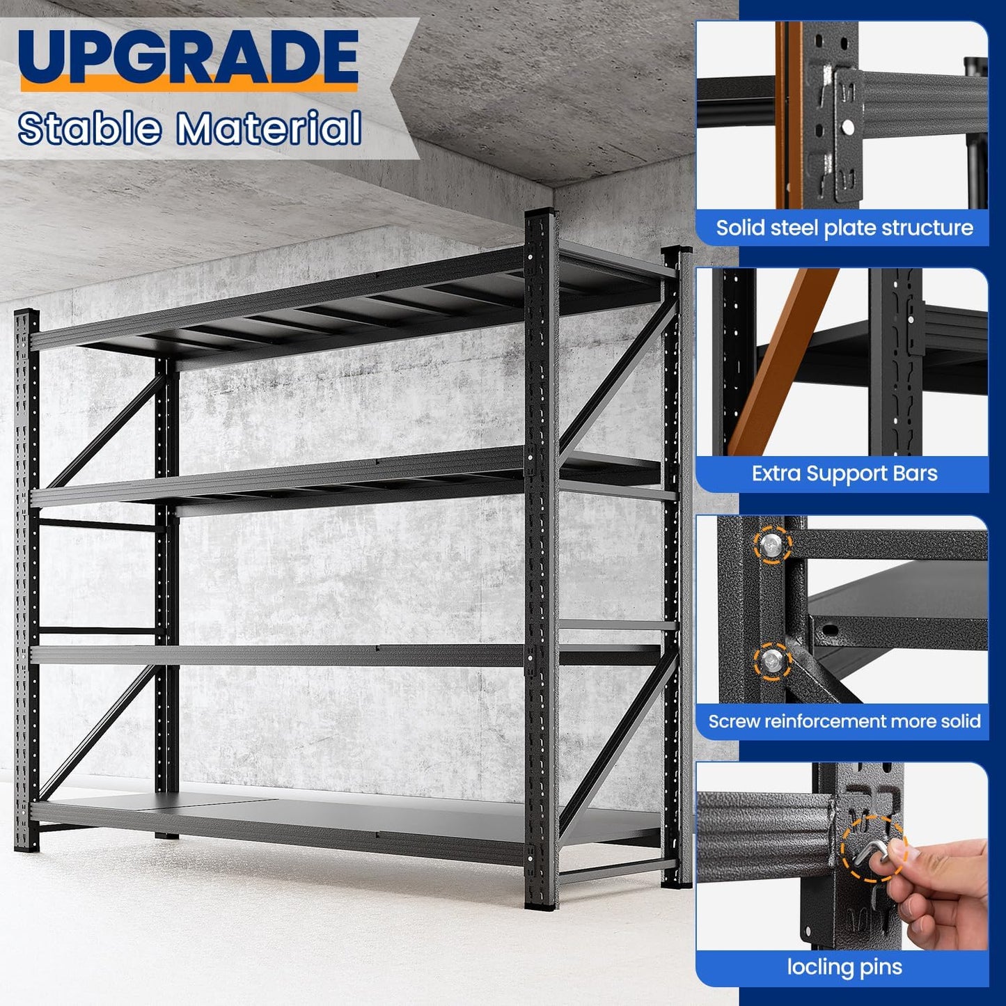 MIIIKO 79" W Storage Shelves,6800LBS Metal Garage Storage Shelving,Heavy Duty Adjustable Unit Storage Shelves for Warehouse,Basement,79" W x 24" D x 79" H,Black