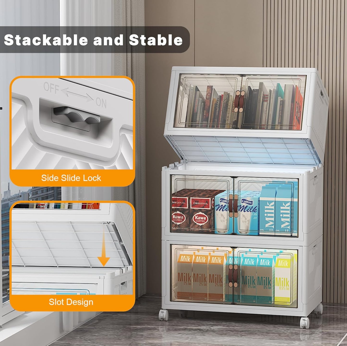 Extra Large Stackable Storage Bins with Lids & Wheels & Door, 156QT-52QT/13GAL*3Pack Foldable Collapsible Closet Organizers, Plastic containers drawers for bedroom Dorm