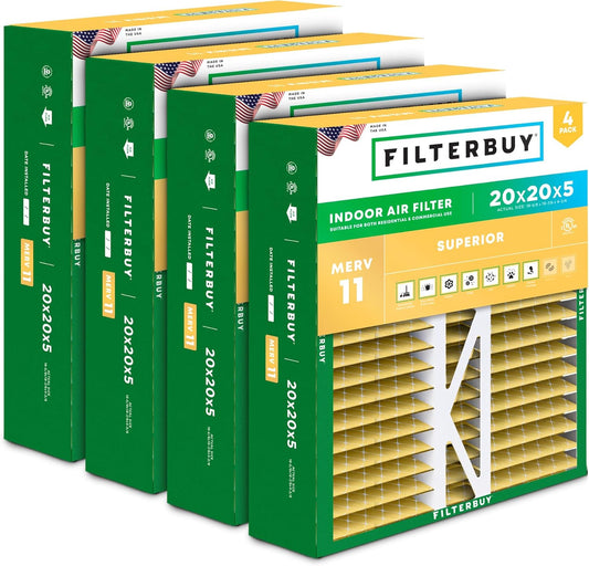 Filterbuy 20x20x5 Air Filter MERV 11 Superior Pet & Allergy Defense (4-Pack), Pleated HVAC AC Furnace Filters for Honeywell FC100A1011, Lennox X0585, and More (Actual Size: 19.63 x 19.88 x 4.38)
