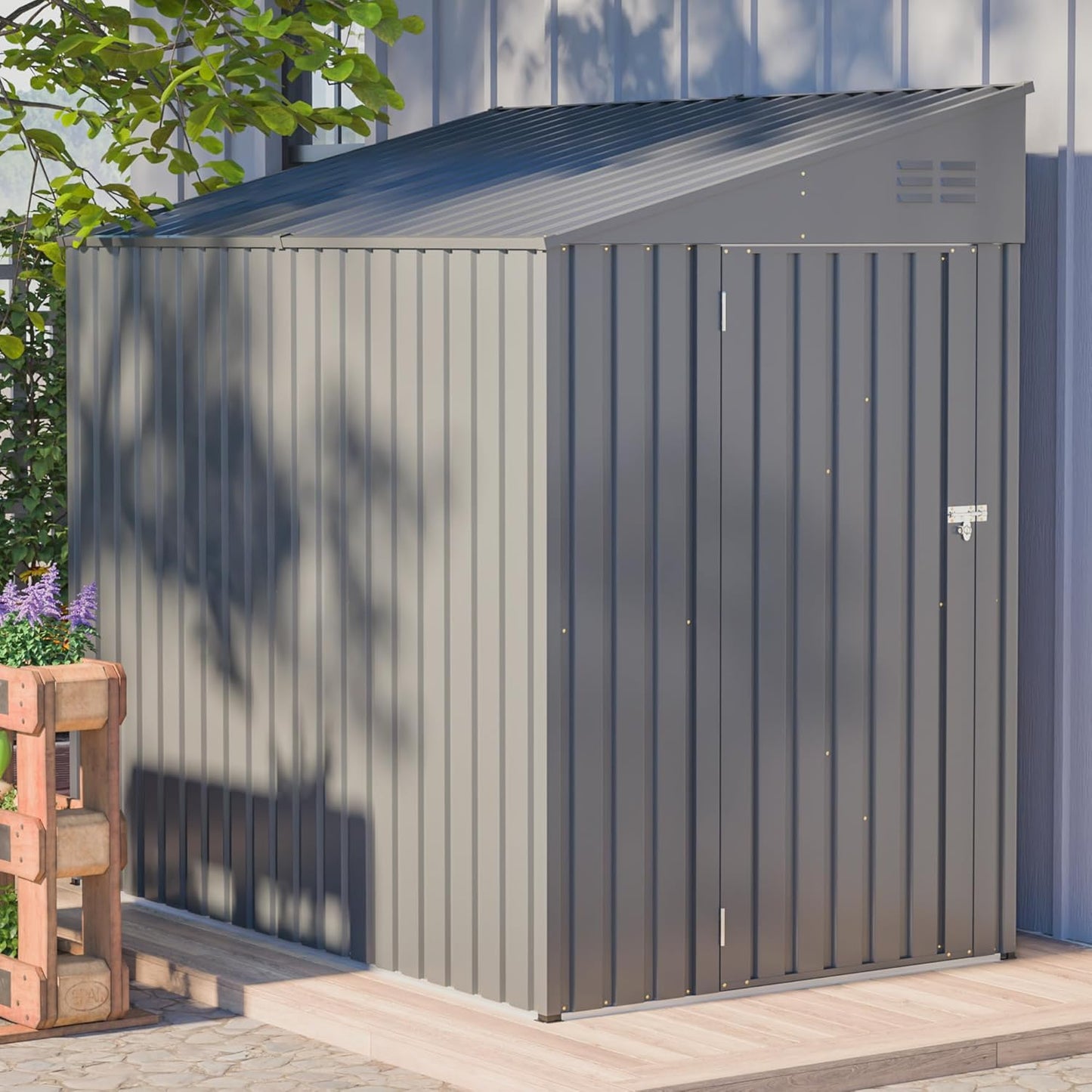4x7 FT Outdoor Storage Shed,Lean to Lockable Metal Garden Shed Steel with Reinforced Beams,All Weather Waterproof Storage House W/Lockable Door,for Backyard,Patio,Lawn,Garden,Dark Gray