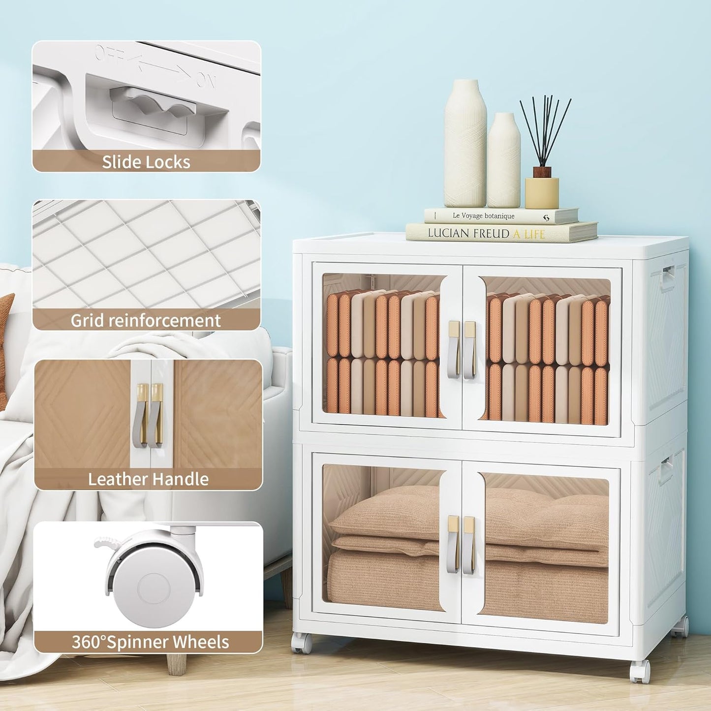 Large Clear Stackable Storage Bins with Lids, Foldable Storage Cabinet for Closet Organizers and Storage, Plastic Storage Box with Wheels 314 QT