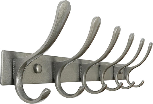 SKOLOO Coat Rack Wall Mounted - 6 Hooks, Heavy Duty, Stainless Steel, Metal Wall Hangers, Sturdy Coat Hooks for Hanging Coats, Jacket, Clothes, Hat, Matte Grey