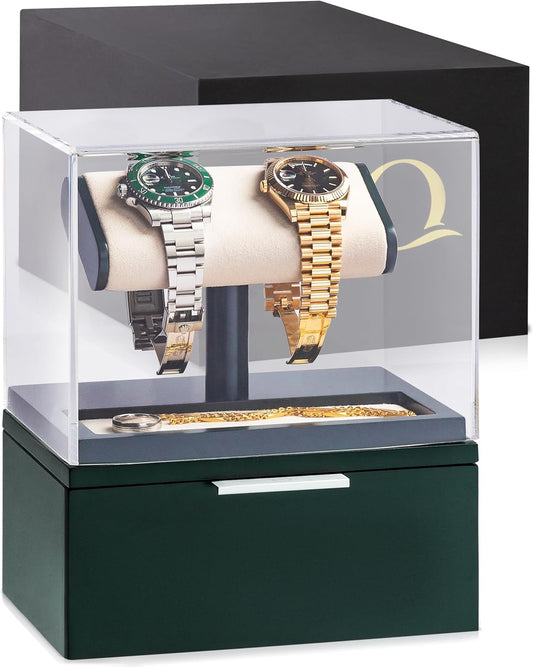 QWATCH Watch Stand Display Case - Acrylic Watch Box for 2 or 4 Watches with Jewelry Valet Tray and Drawer