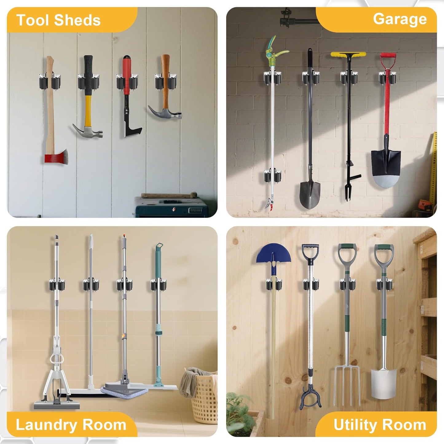 Broom Holder Wall Mount – 3 Pack Broom Rack with Star Shaped Rubber Rollers & Nickel Plated Brackets for Strong Grip and Long Life – Ideal for Garden Tools Organization