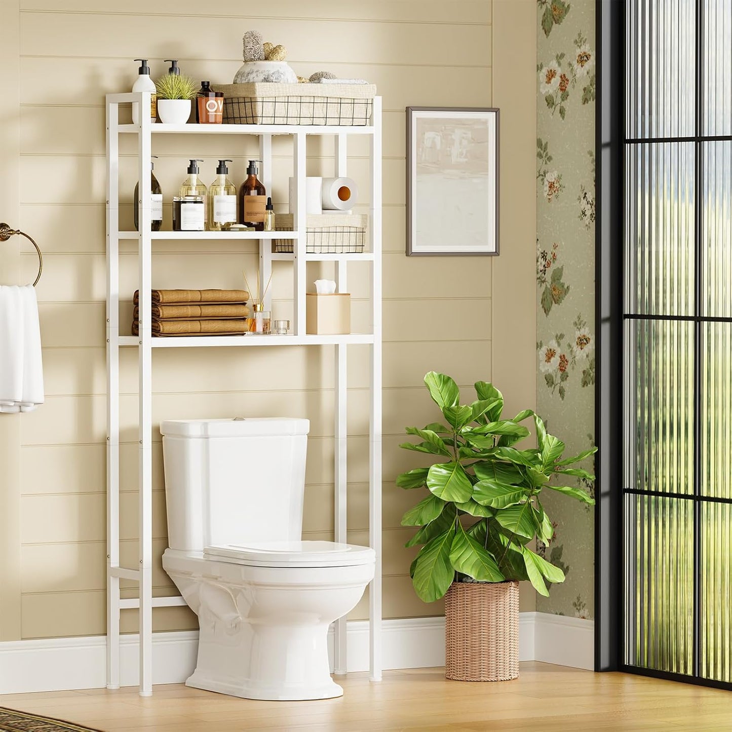 Over The Toilet Storage Rack, 3-Tier Bathroom Organizer Over Toilet, Wooden Above Toilet Storage Shelf, Space Saver, Freestanding Bathroom Storage Metal Shelf, Easy to Assemble, White