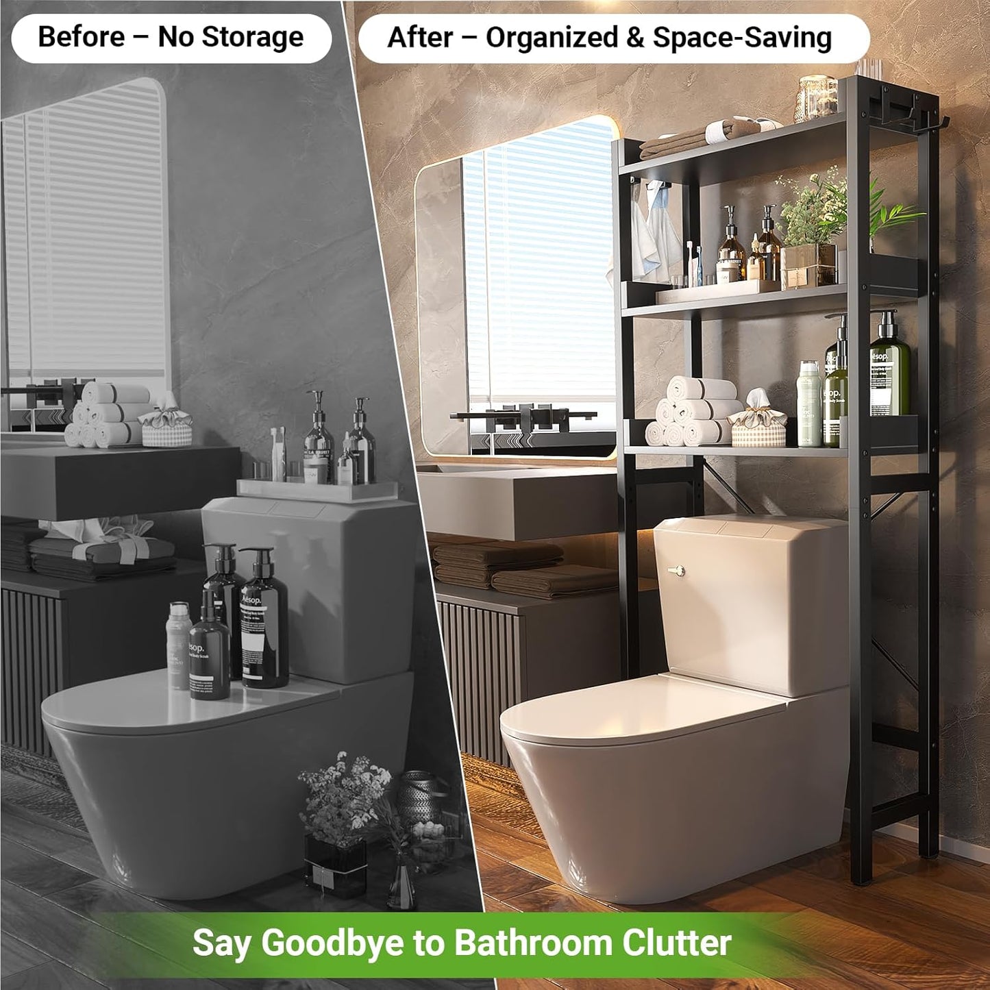 Over The Toilet Storage Rack - 3 Tier Bathroom Organizer with Shelves, Freestanding Space Saver Storage Rack Above Toilet Stand with 4 Hooks for Restroom, Laundry, Black