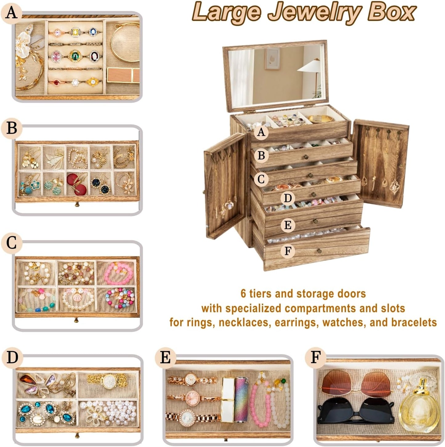 Emfogo Wooden Jewelry Box for Women, 6-Tier Large Jewelry Organizer Boxes with Mirror Rustic Solid Wood jewlery Storage Display for Rings Earrings Necklaces Bracelets watches(Carbonized Black)