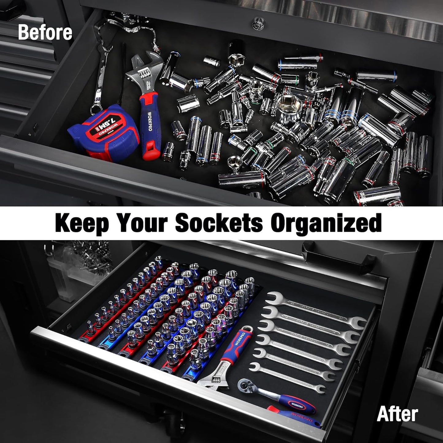 WORKPRO Magnetic Socket Organizer, 3/8-Inch Drive Aluminum Alloy Sockets Rail, Heavy Duty Sockets Holder, Socket Rack Kit 3/8-Inch x 10 Clips (Red)