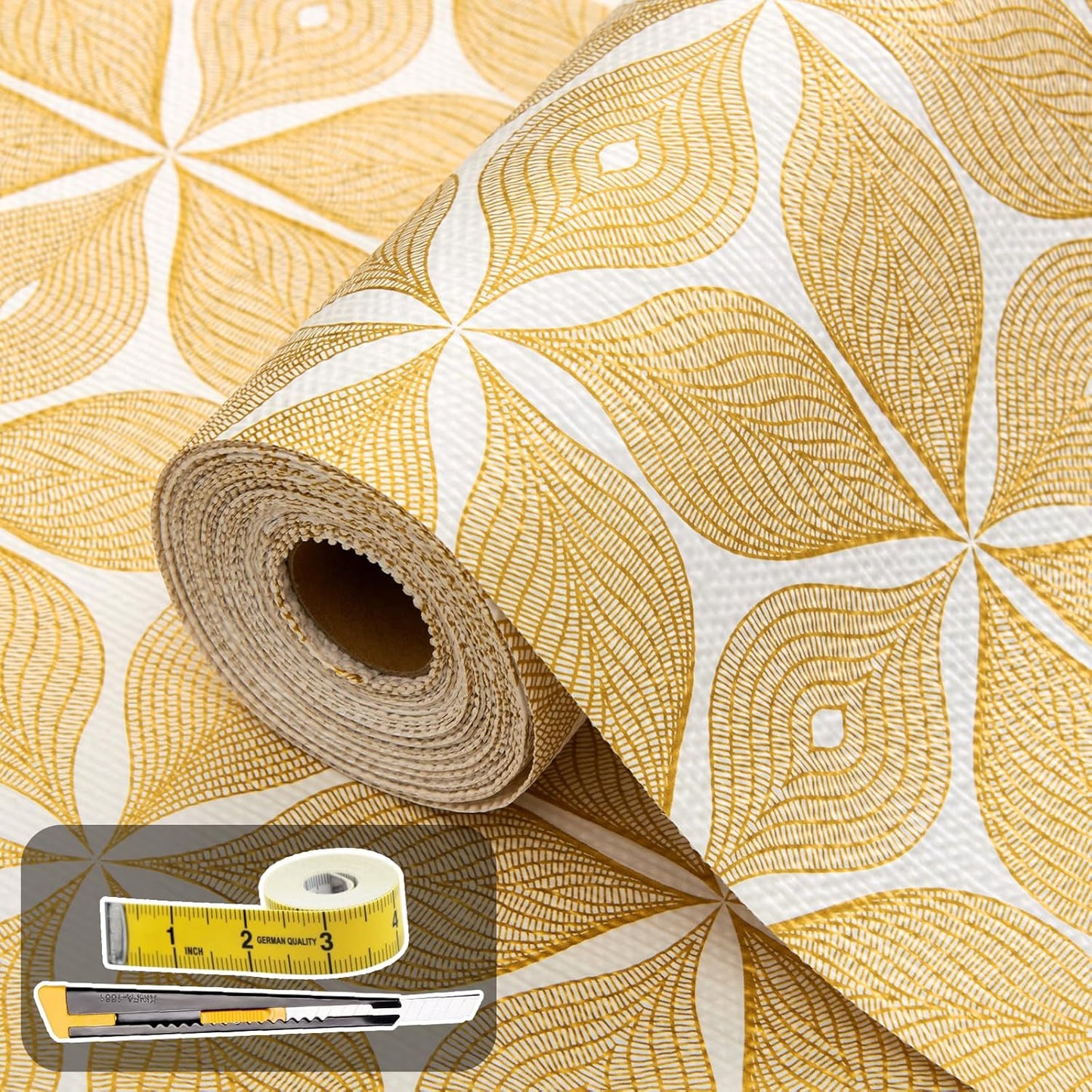 Shelf Liners for Kitchen Cabinets 17in x 30FT, Non Adhesive Cabinet Liner Strong Non-Slip Golden Leaf Drawer Liner, Easy to Clean for Shelf, Cabinet with Knife and Tape Measure