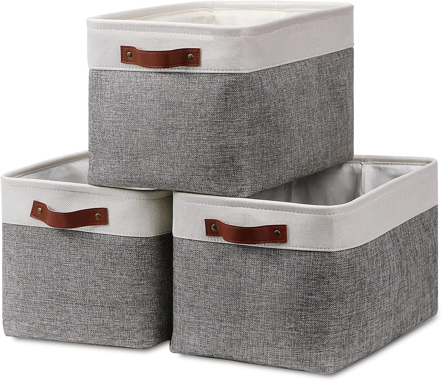 HNZIGE Fabric Storage Baskets for Shelves(3 Pack) Large Collapsible Storage Baskets for Organizing, Decorative Baskets Bins Set with Handles for Closet, Clothes, Toy, Home(White&Gray,15" x 11" x 9.5")
