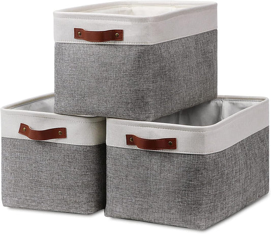 HNZIGE Fabric Storage Baskets for Shelves(3 Pack) Large Collapsible Storage Baskets for Organizing, Decorative Baskets Bins Set with Handles for Closet, Clothes, Toy, Home(White&Gray,15" x 11" x 9.5")