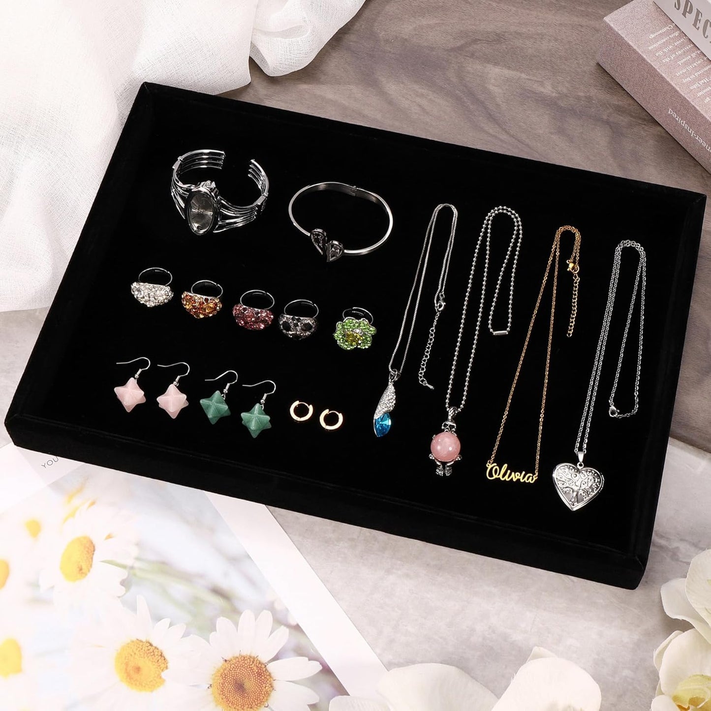 Mornajina 13.8" x 9.5" Velvet Jewelry Tray Jewelry Display Tray, Stackable Empty Plate Trays for Earrings Necklaces Bracelet Rings Display Showcase - Black