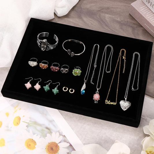 Mornajina 13.8" x 9.5" Velvet Jewelry Tray Jewelry Display Tray, Stackable Empty Plate Trays for Earrings Necklaces Bracelet Rings Display Showcase - Black