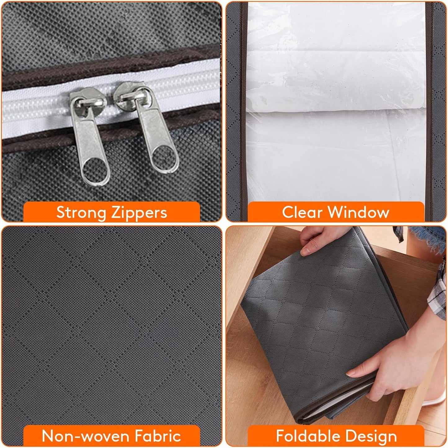 Lifewit 3 Pack Clothes Storage Bins with Lids, Foldable Blanket Storage Bags with Zippers, Clear Window and Reinforced Handles, Closet and Organization for Clothing, Sweater, Comforter, Bedding, Gray