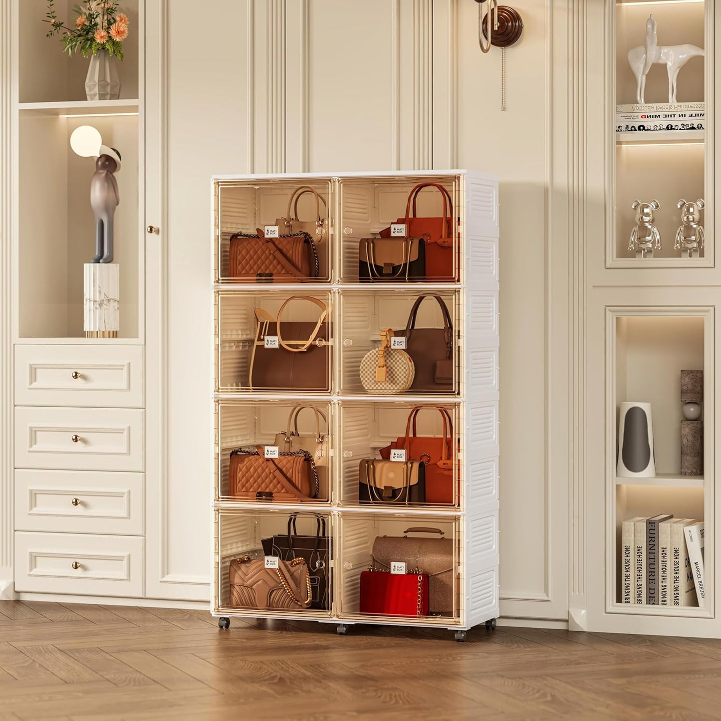 8 Cubbies Handbag Storage Organizer for Closet, Foldable Purse Display Cabinet with Magnetic Doors and Wheels, Fits Shoes&Boots, Books, Toys, and More