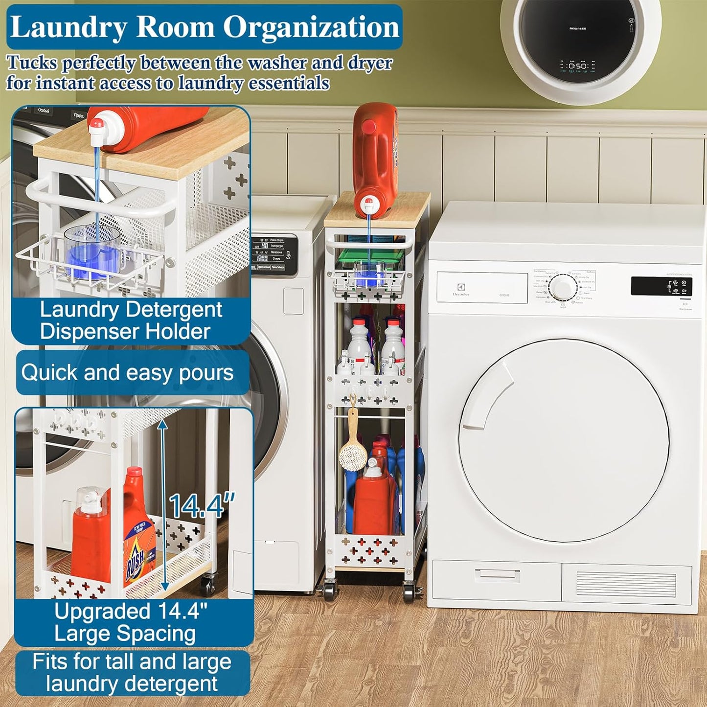 Rolling Slim Storage Cart, 4-Tier Narrow Bathroom Laundry Room Organization Cart, Metal Kitchen Storage Mobile Shelf Unit Organizer with Wood Top, Slim Utility Cart with Wheels for Small Space