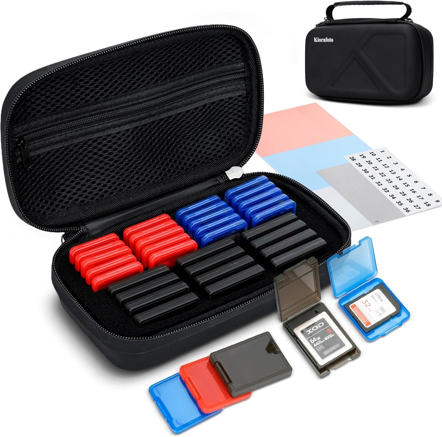 EVA PU CFexpress Type B Card Case with 32 PCS Individual Plastic Memory Card Holder for 12 XQD/CFexpress Type-B Cards & 20 SD SDXC SDHC Cards,Water-Resistant Anti-Shock CFexpress SD Card Case Storage