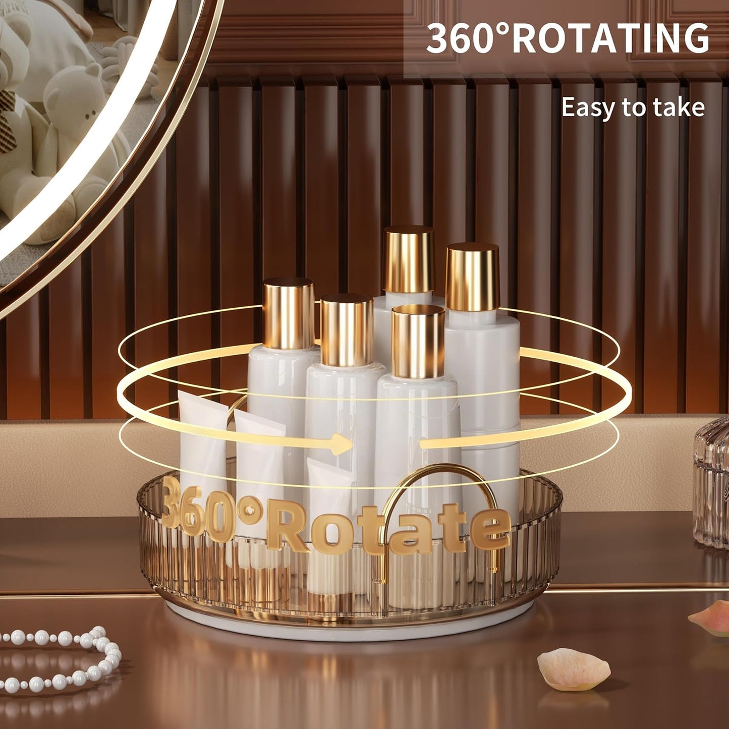 YCIA&DONE 360 Rotating Makeup Organizer and Storage for Vanity Countertop 1 Tier, High Capacity Cosmetic Skincare Perfume Organizers for Dresser Bathroom Fridge Lazy Susan (Amber Gold)