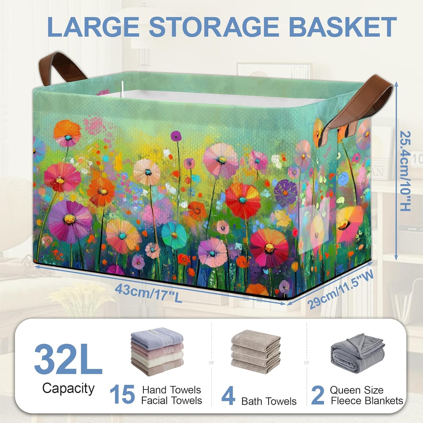 Retro Flowers Floral Storage Basket with Handles,Colorful Collapsible Rectangle Organizer Bin for Room Decoration Books Box Baskets 17x11.5x10Inch