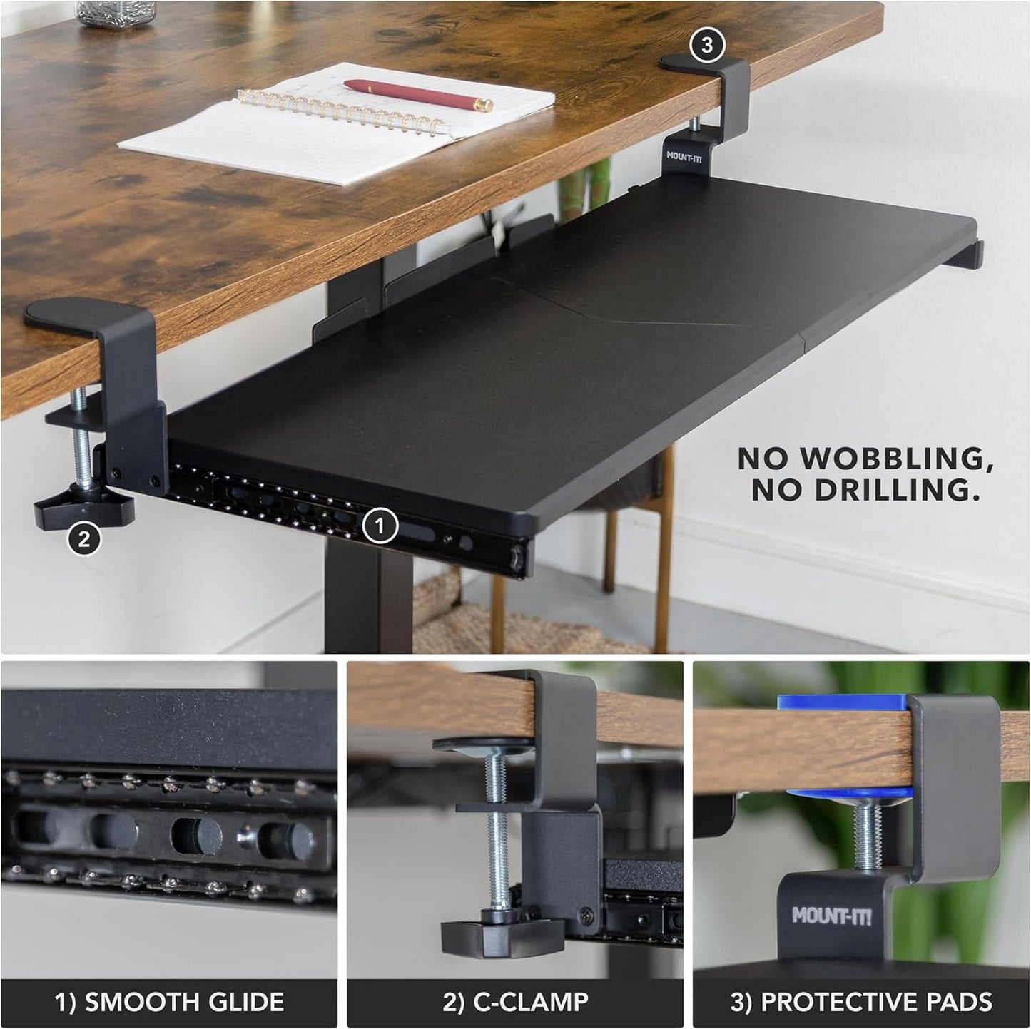 Mount-It! 30” Extra-Wide Clamp-On Under Desk Keyboard Tray, Large Slide-Out Keyboard Drawer for Desk, Ergonomic Pull-Out Platform with Smooth Gliding Tracks, No-Drill C-Clamp Mount