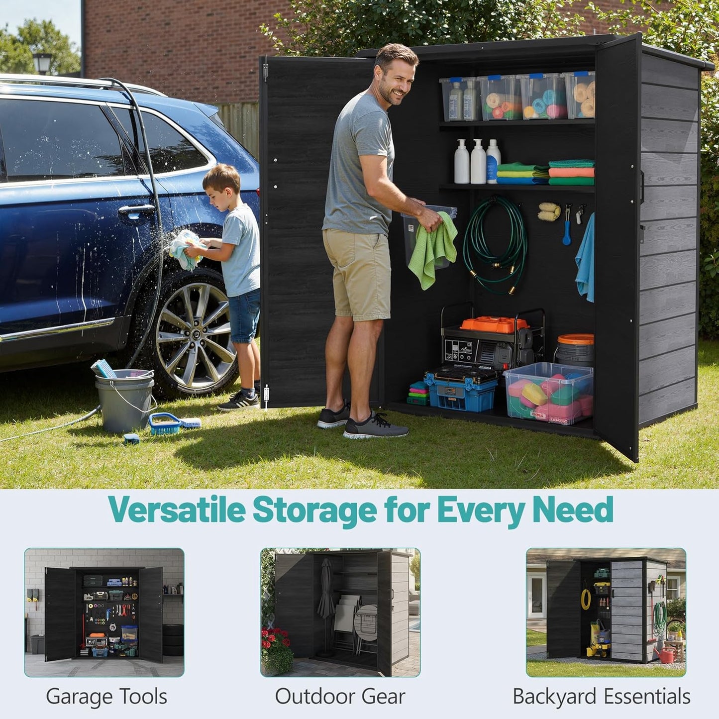 Outdoor Storage Shed, 56.8 Cu.Ft Resin Shed, 4.6 x 5.6 FT Waterproof Garden Tool Shed with Double Doors & Adjustable Shelves, Backyard Storage Cabinet for Tools, Bikes & Patio Furniture (Darkgray)