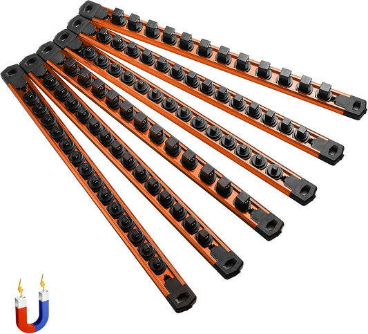 ALOANES 6-Piece Magnetic Socket Organizer, Heavy Duty Aluminum Socket Rails Organizer, 360° Swivel Clips Socket Holder Kit for Tool Box, 1/2, 3/8, 1/4-Inch Socket Holder x 80 Clips (Orange)