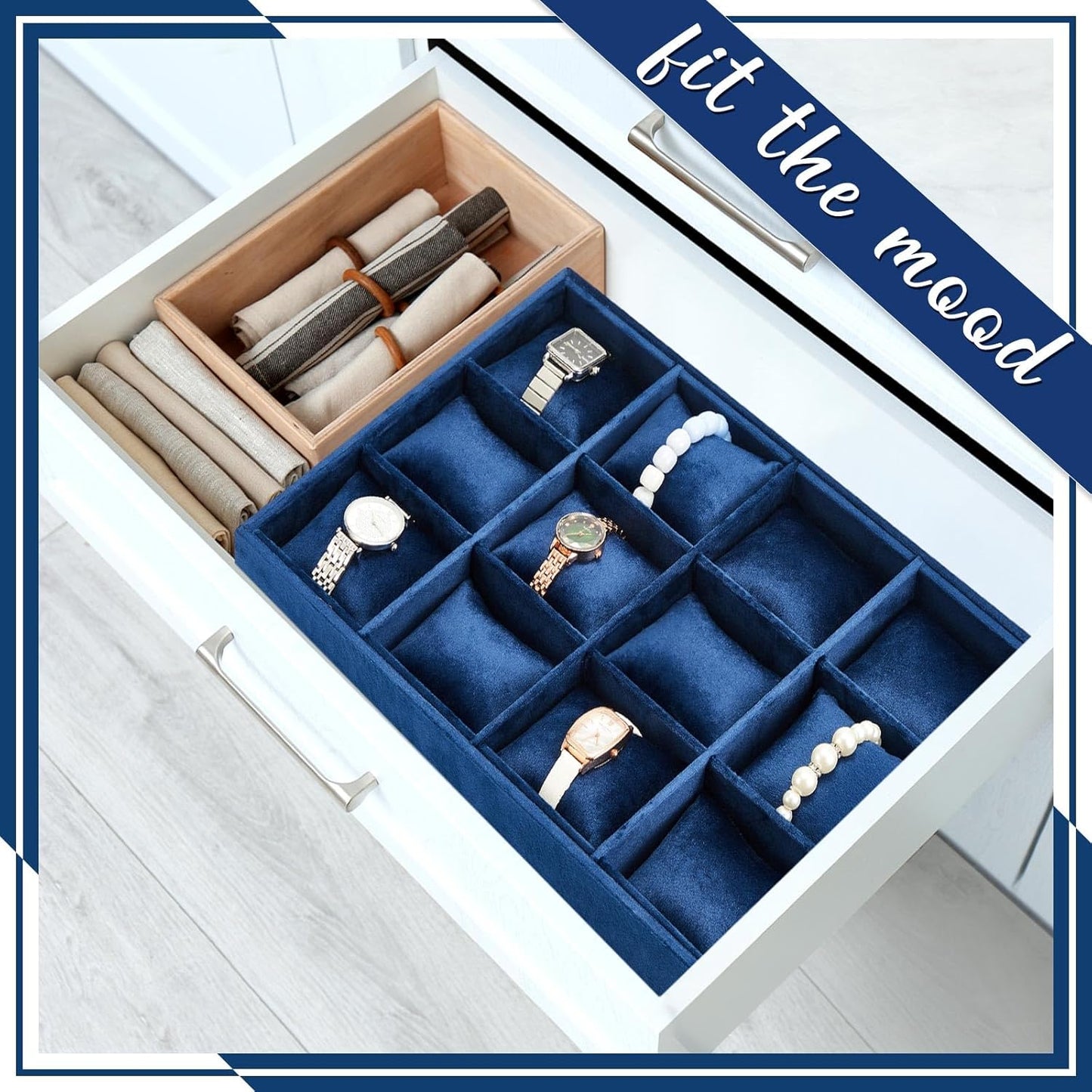 Henoyso 2 Pieces 12 Grid Velvet Watch Tray Jewelry Organizer Stackable Watch Bracelet Bangle Display Holder Adjustable Pillow(Blue)