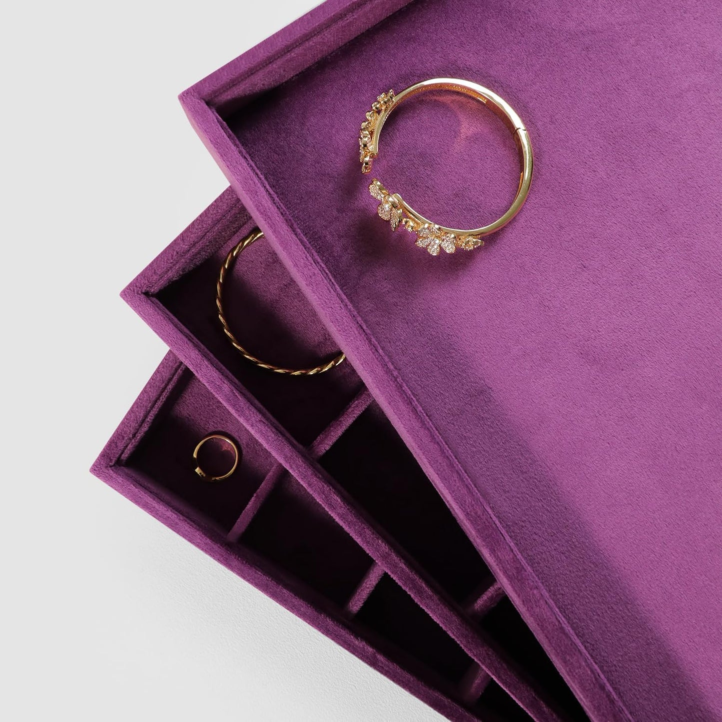 Velvet Stackable Jewelry Display Flat Tray For Ring Earring Necklace Bracelet, Bangle Pendant Storage Blank Plate, Shop Countertop Jewelry Dish Organizer (Purple)