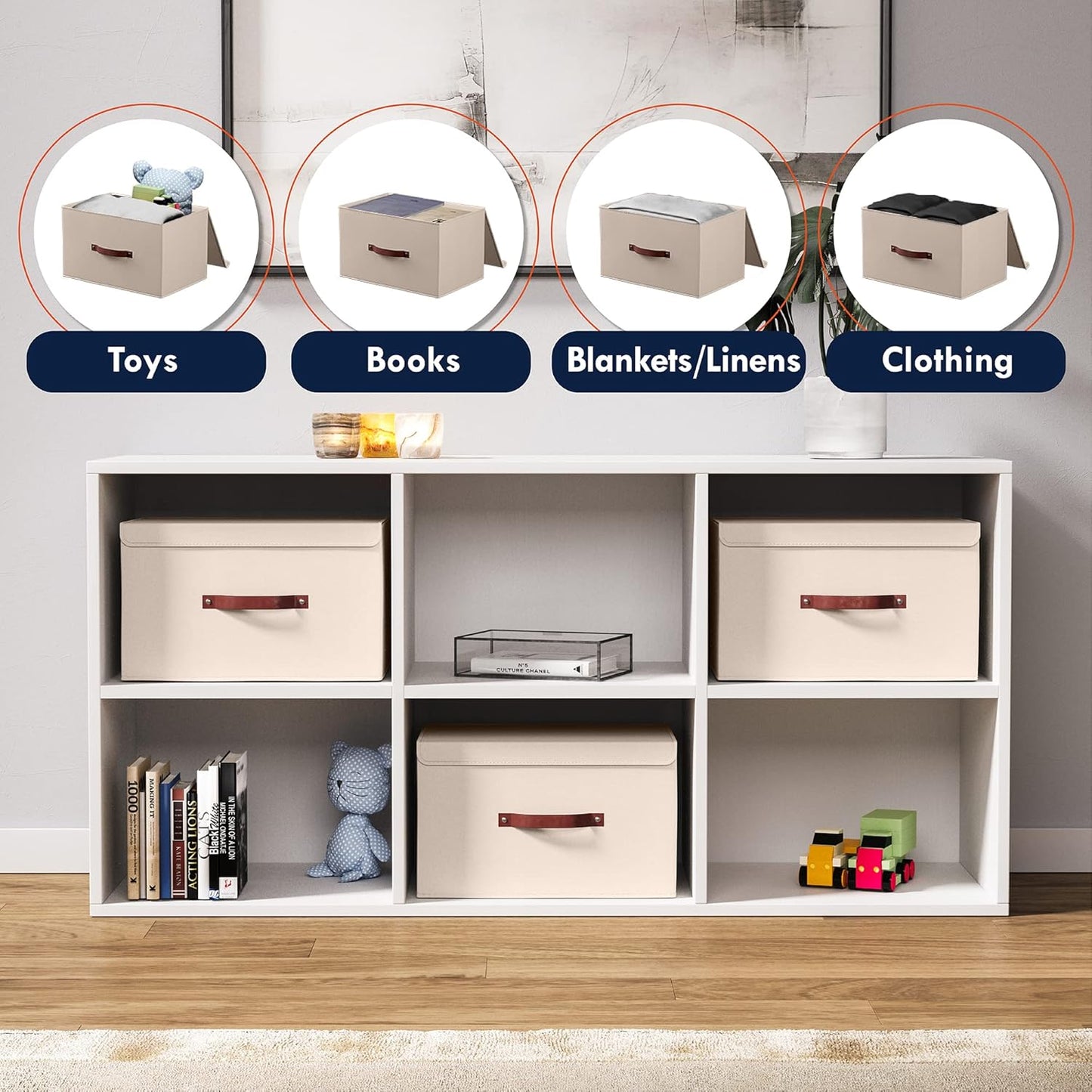 Ornavo Home 3 Pack Collapsible Storage Bins with Lid, Foldable Linen Fabric Shelf Storage Basket Closet Organizer and Large Storage Box for Clothes with Leather Handles, 16.5 x 11.8 x 7.5, Beige