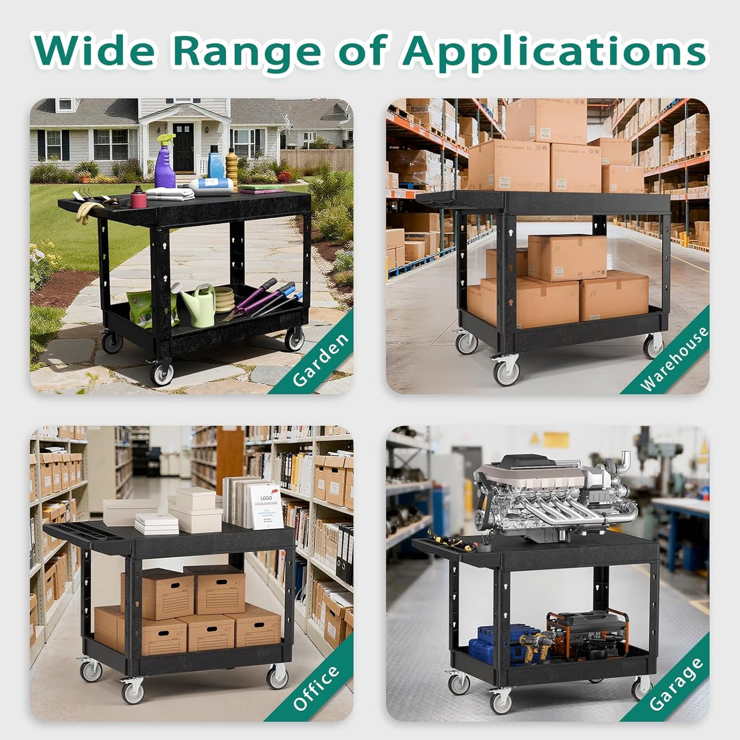 Heavy Duty Utility Rolling Tool Cart, 1000 lbs Capacity Flat Top Plastic Rolling Carts with 360°Swivel Wheels, 46 x 25 Inch Service Cart, 2 Shelf Work Cart for Warehouse,Garage, Cleaning, Black