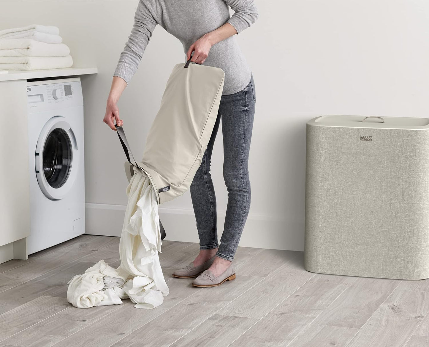 Joseph Joseph Tota Trio 90 liter/23.8 gallon Laundry Hamper Separation Basket with lid, 3 Removable Washing Bags with Handles- Ecru