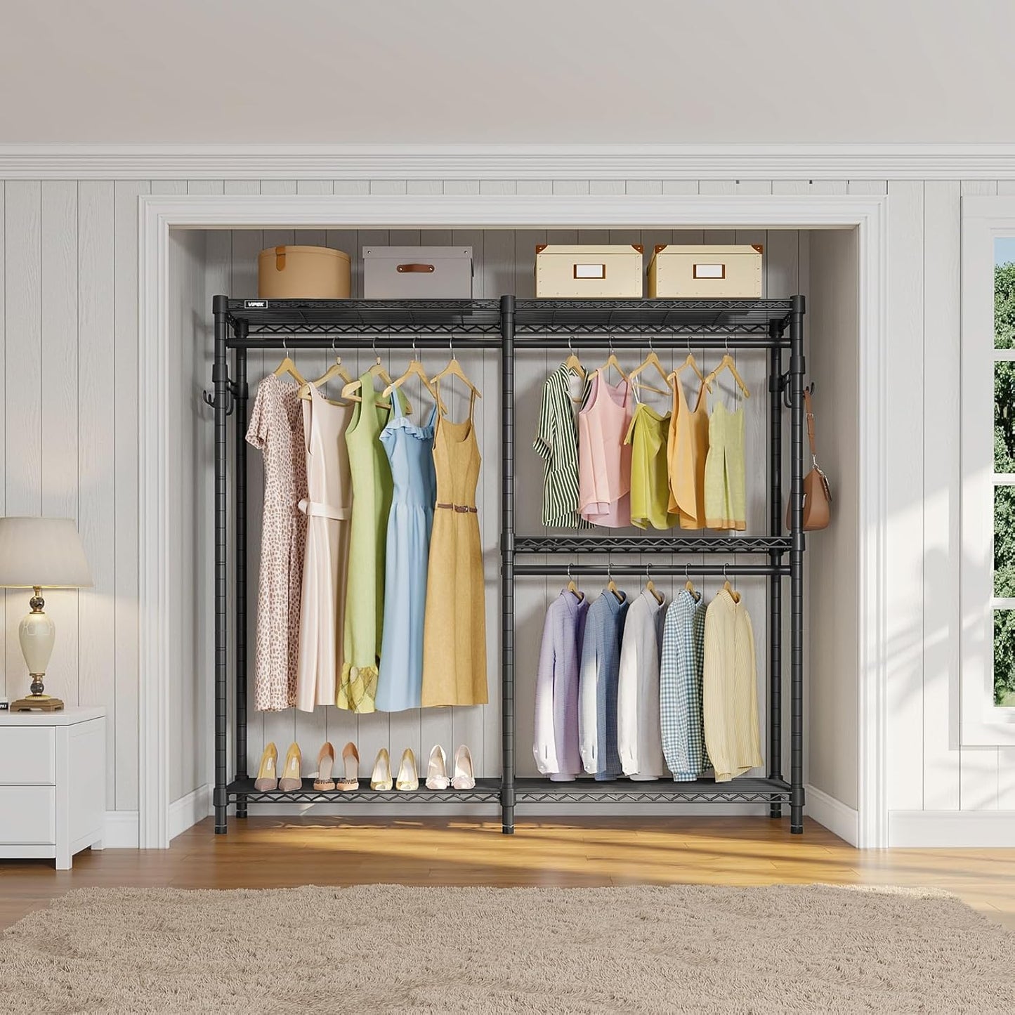 VIPEK V4 Heavy Duty Clothing Rack for Hanging Clothes 810lbs Load Capacity, Double Rod Garment Rack with Adjustable Shelves & Side Hooks, Metal Wardrobe Closet System Easy to Assemble, (Black)