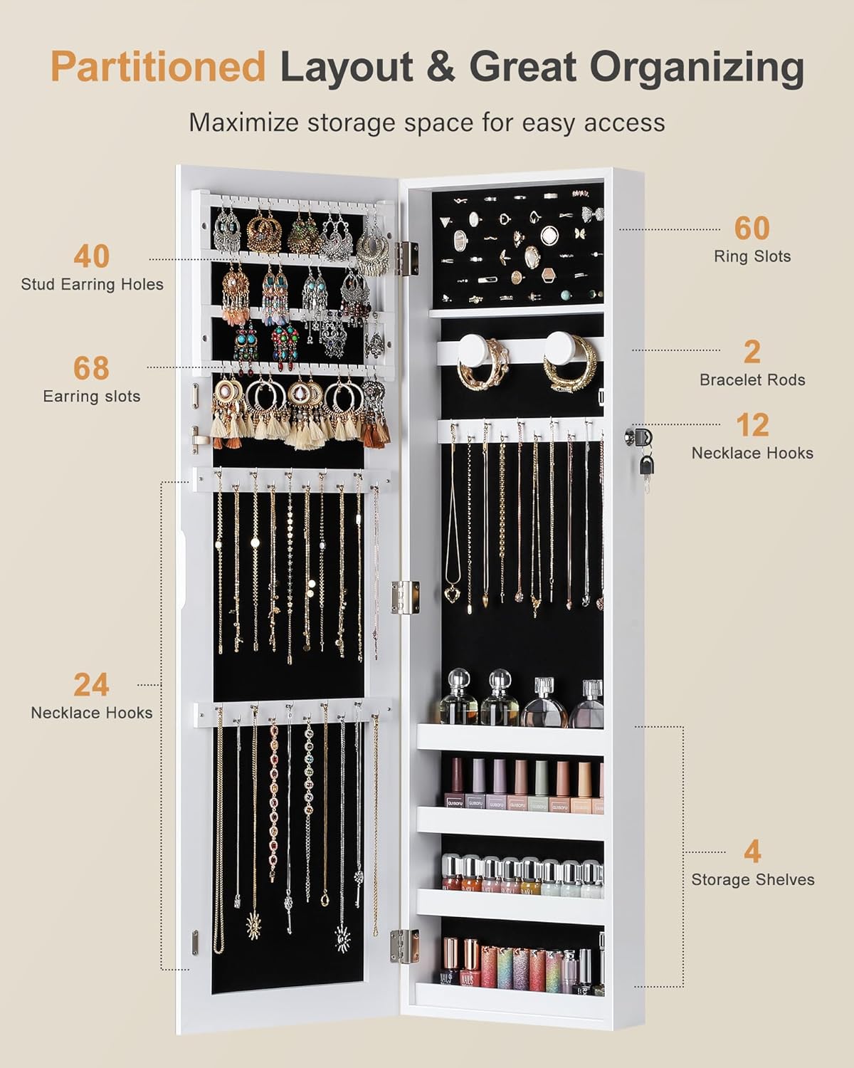 Nicetree Jewelry Armoire with Mirror, Wall/Door Mounted Jewelry Cabinet, Lockable Jewelry Organizer with Full-Length Mirror, Frameless Mirror with Storage, Black Lining